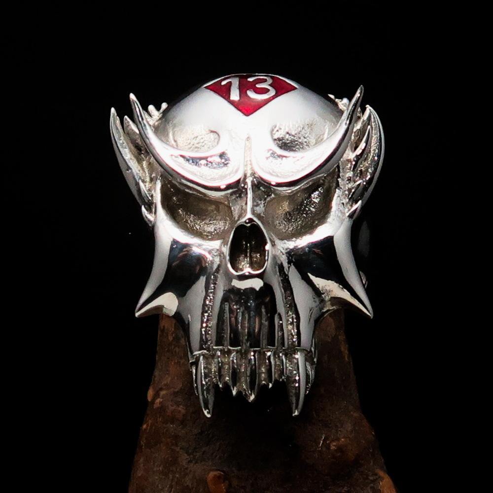 Men's Vampire Skull Ring in sterling silver with red diamond and enamel finish, showcasing intricate skull design.