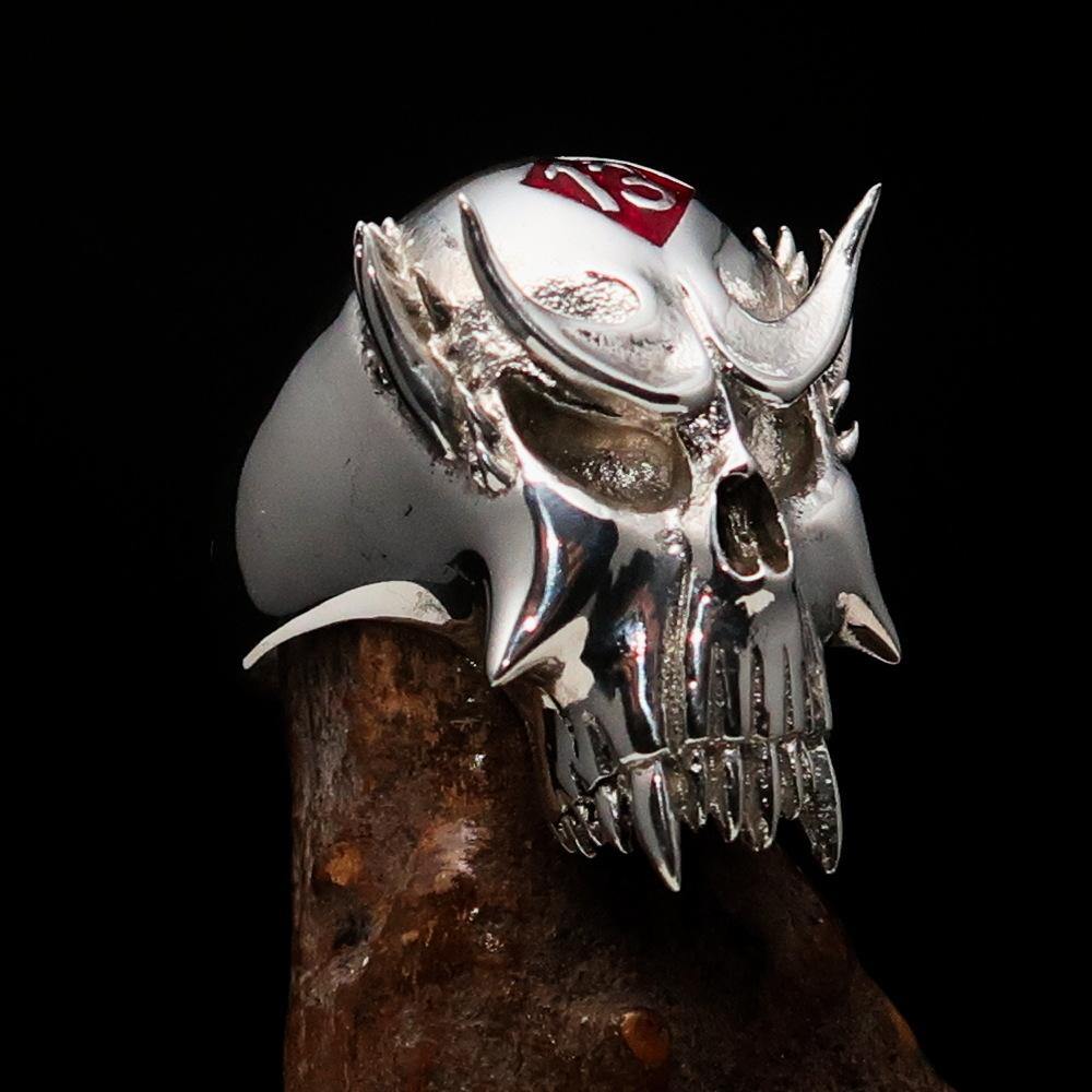 Men's Vampire Skull Ring in sterling silver with red diamond and enamel finish, showcasing intricate skull design.