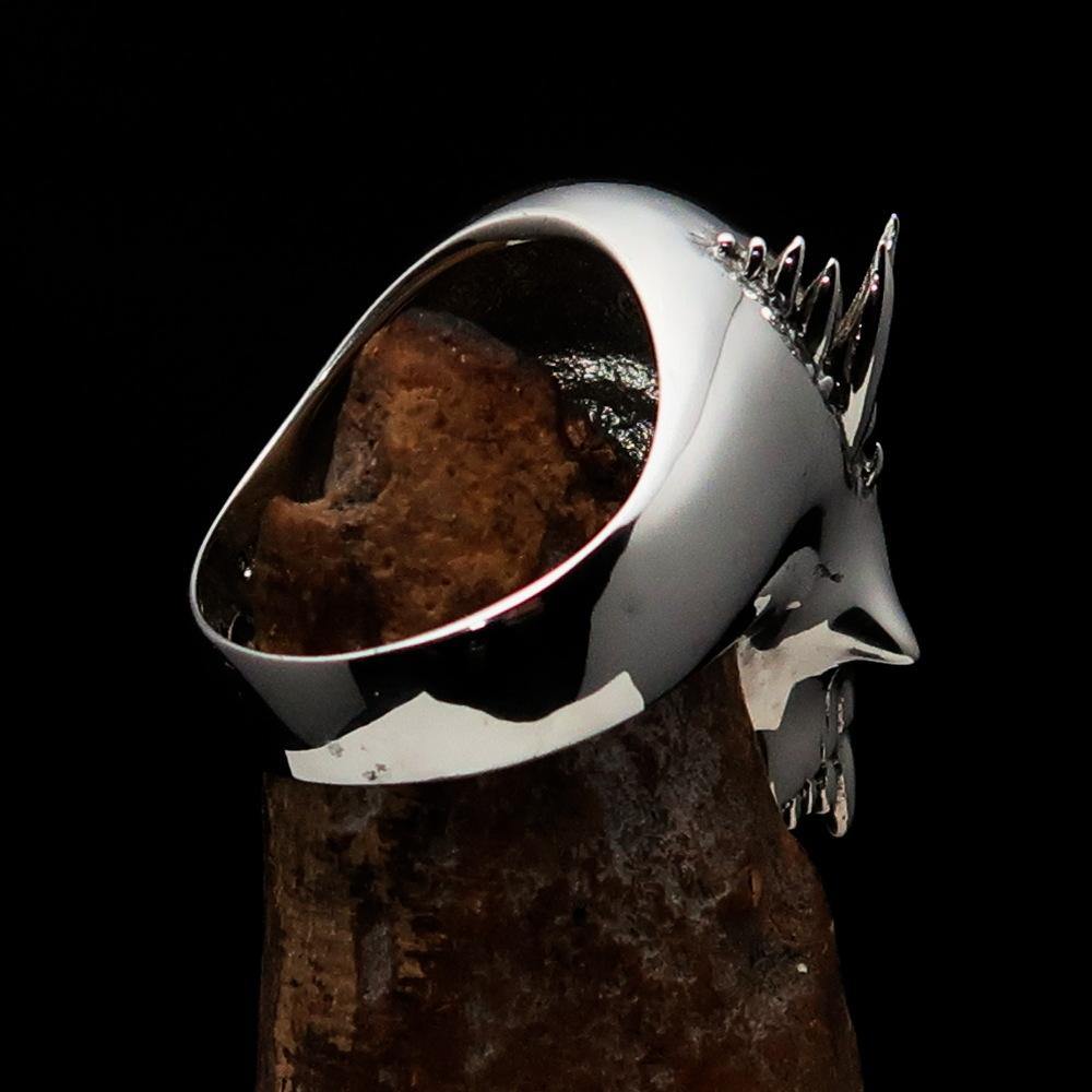 Men's Vampire Skull Ring in sterling silver with red diamond and enamel finish, showcasing intricate skull design.