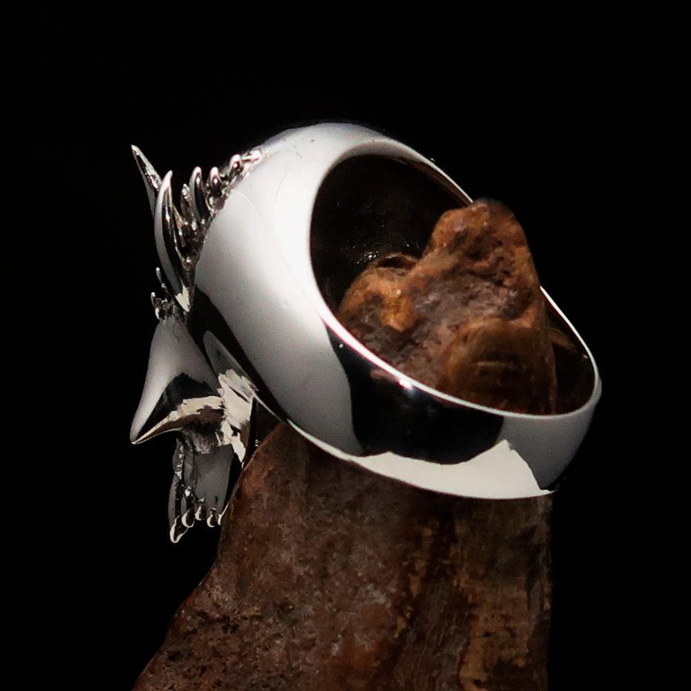 Men's Vampire Skull Ring in sterling silver with red diamond and enamel finish, showcasing intricate skull design.