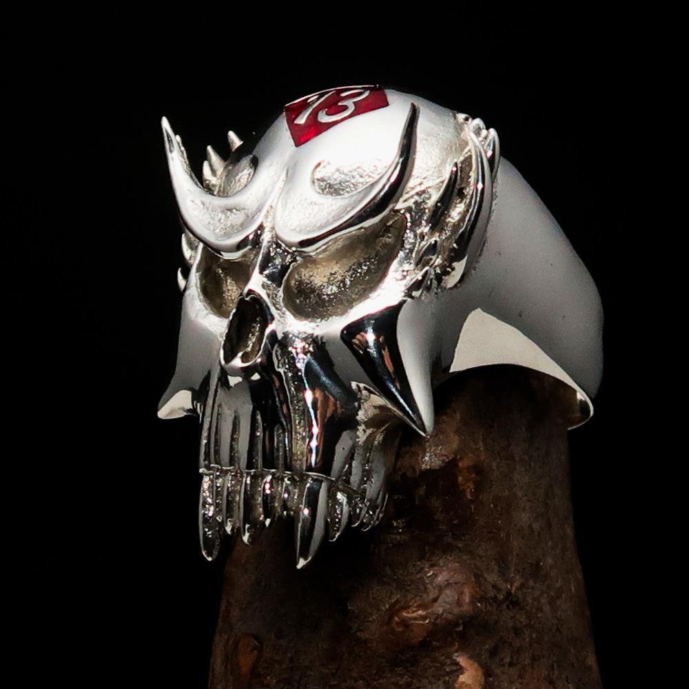 Men's Vampire Skull Ring in sterling silver with red diamond and enamel finish, showcasing intricate skull design.