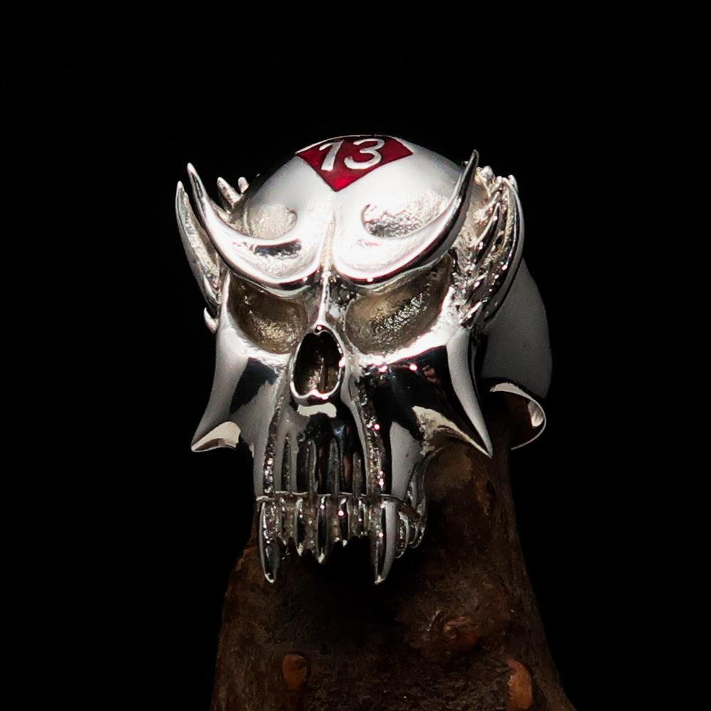 Men's Vampire Skull Ring in sterling silver with red diamond and enamel finish, showcasing intricate skull design.