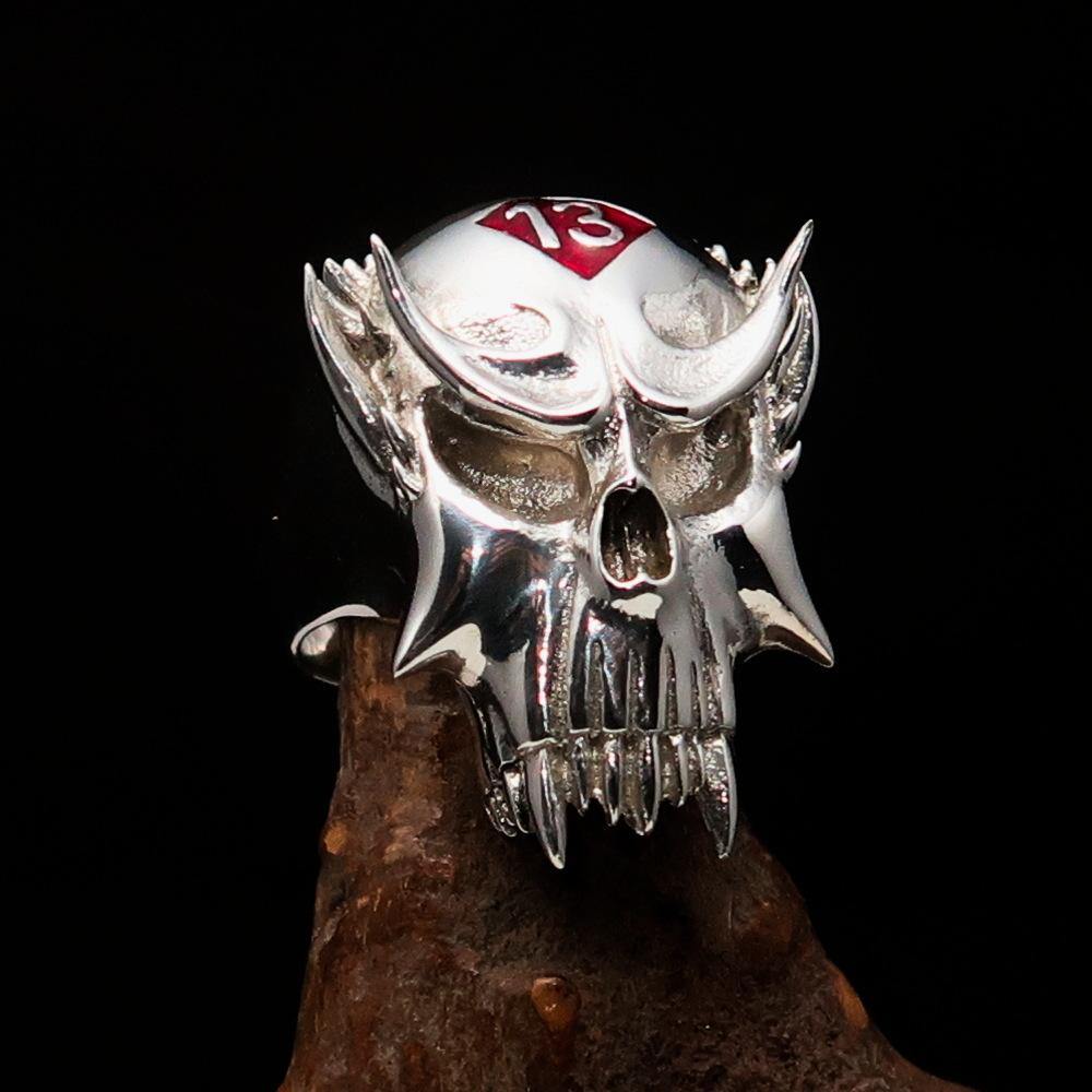 Men's Vampire Skull Ring in sterling silver with red diamond and enamel finish, showcasing intricate skull design.