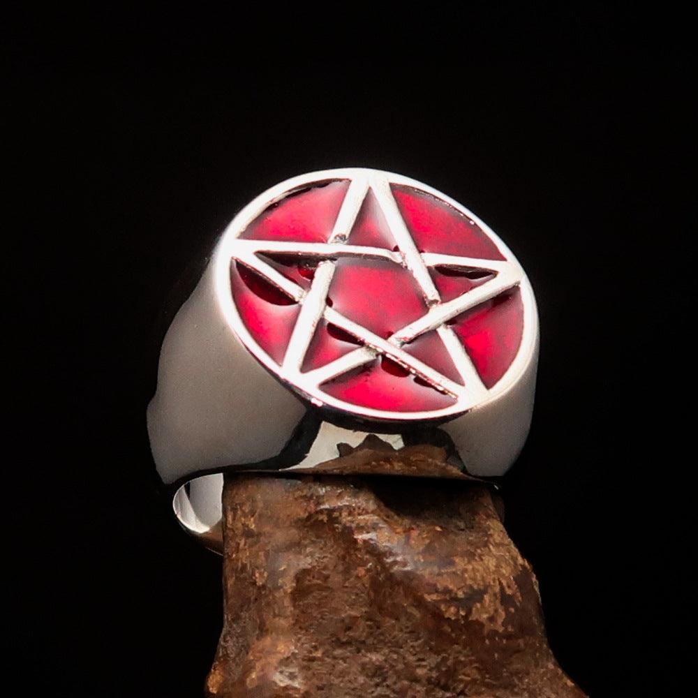 Men's Wiccan Pinky Ring in solid sterling silver featuring a red Celtic Pentagram design, high polished finish, and solid back.