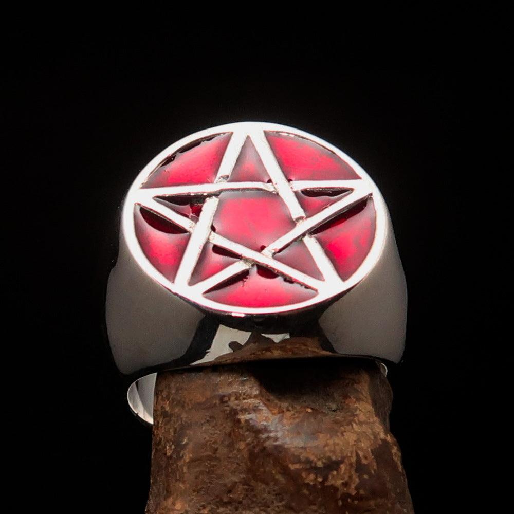 Men's Wiccan Pinky Ring in solid sterling silver featuring a red Celtic Pentagram design, high polished finish, and solid back.