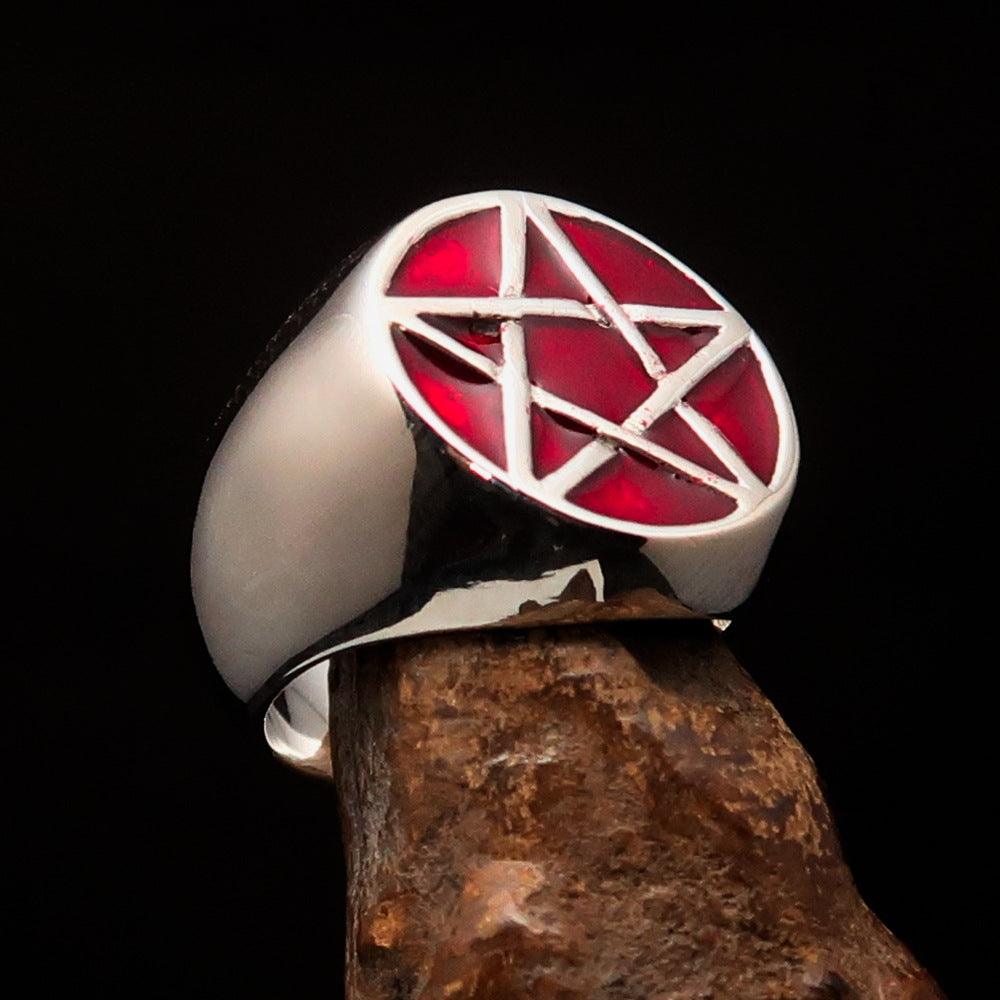 Men's Wiccan Pinky Ring in solid sterling silver featuring a red Celtic Pentagram design, high polished finish, and solid back.