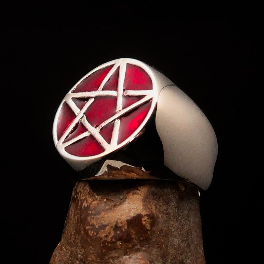 Men's Wiccan Pinky Ring in solid sterling silver featuring a red Celtic Pentagram design, high polished finish, and solid back.