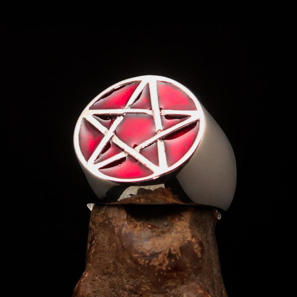 Men's Wiccan Pinky Ring in solid sterling silver featuring a red Celtic Pentagram design, high polished finish, and solid back.