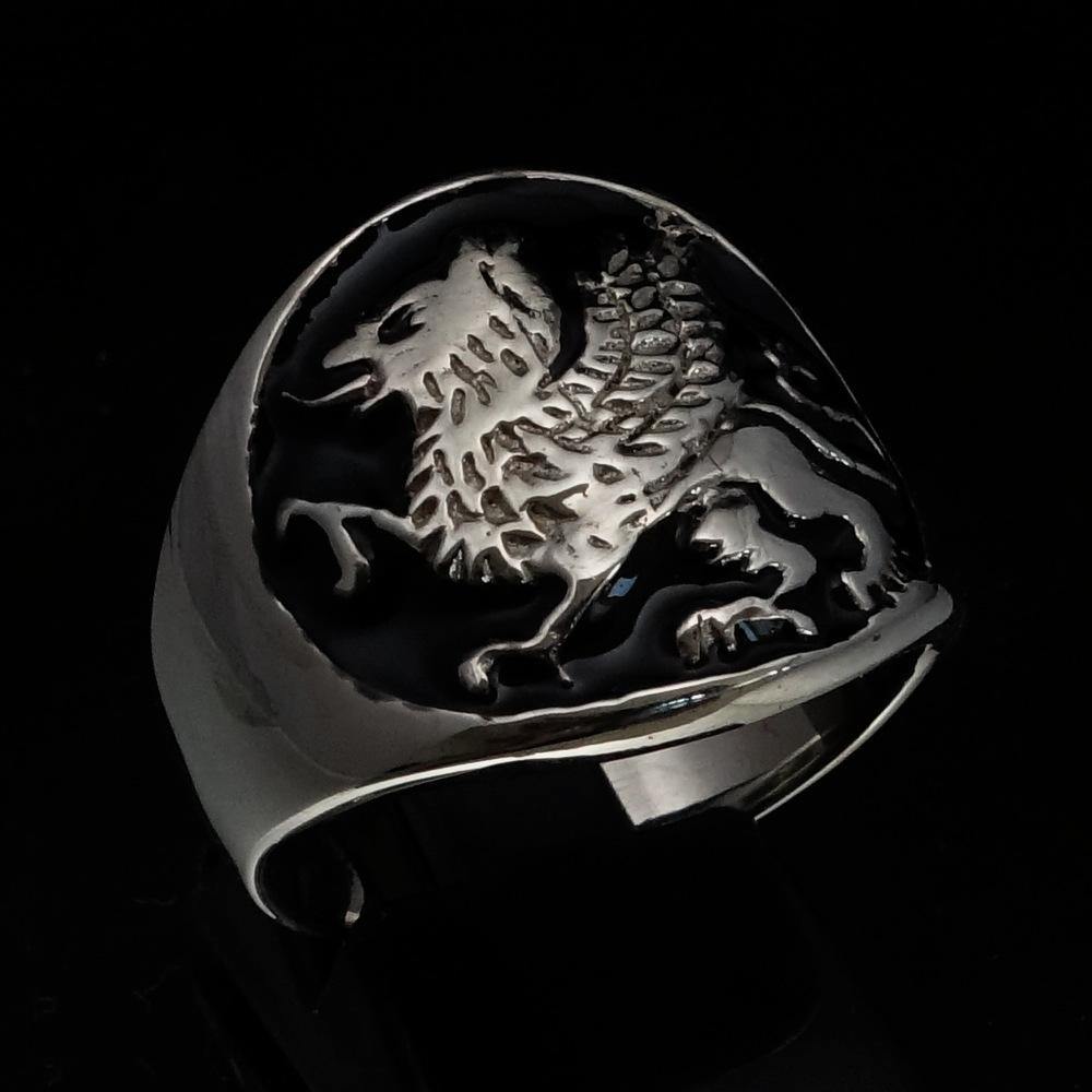 Men's Winged Lion Griffin Ring in black enamel and sterling silver, showcasing intricate design and high polish finish.