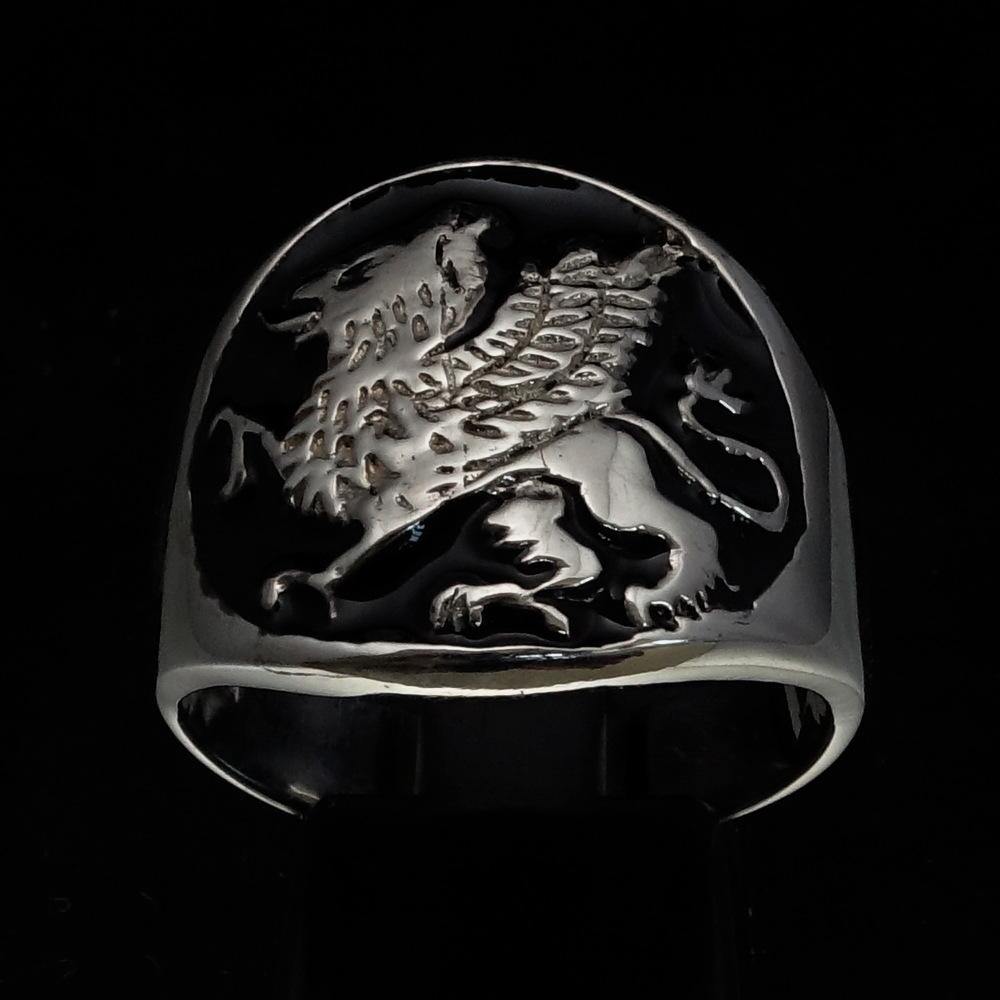 Men's Winged Lion Griffin Ring in black enamel and sterling silver, showcasing intricate design and high polish finish.