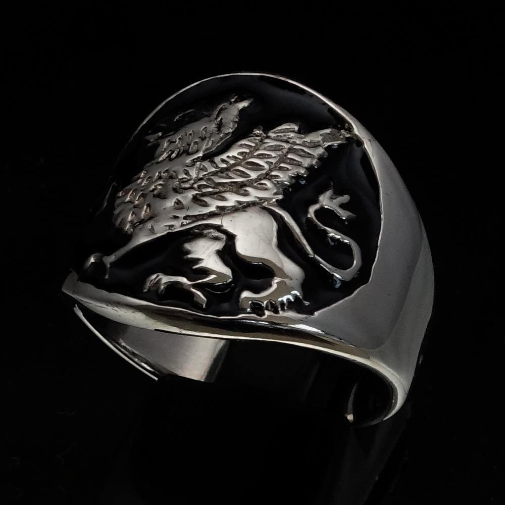 Men's Winged Lion Griffin Ring in black enamel and sterling silver, showcasing intricate design and high polish finish.