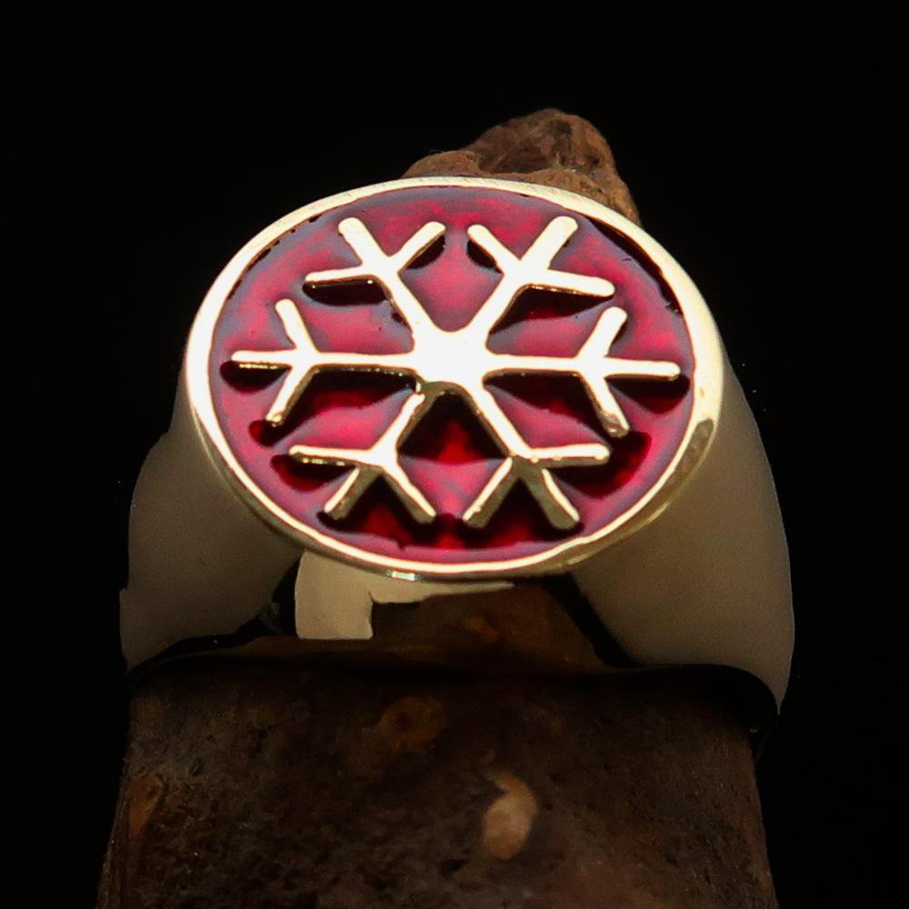 Men's Winter Ring made of solid brass featuring a high polished finish and a vibrant red snowflake design.