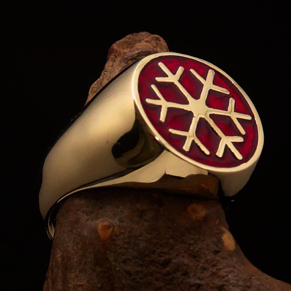 Men's Winter Ring made of solid brass featuring a high polished finish and a vibrant red snowflake design.