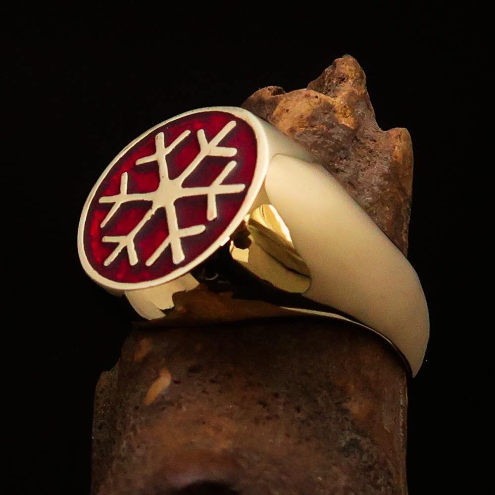 Men's Winter Ring made of solid brass featuring a high polished finish and a vibrant red snowflake design.