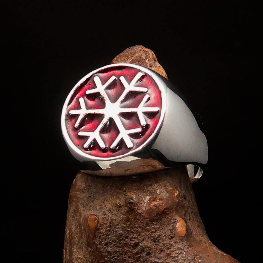 Men's Winter Ring in Sterling Silver featuring a red Snowflake design, high polished with enamel finish.