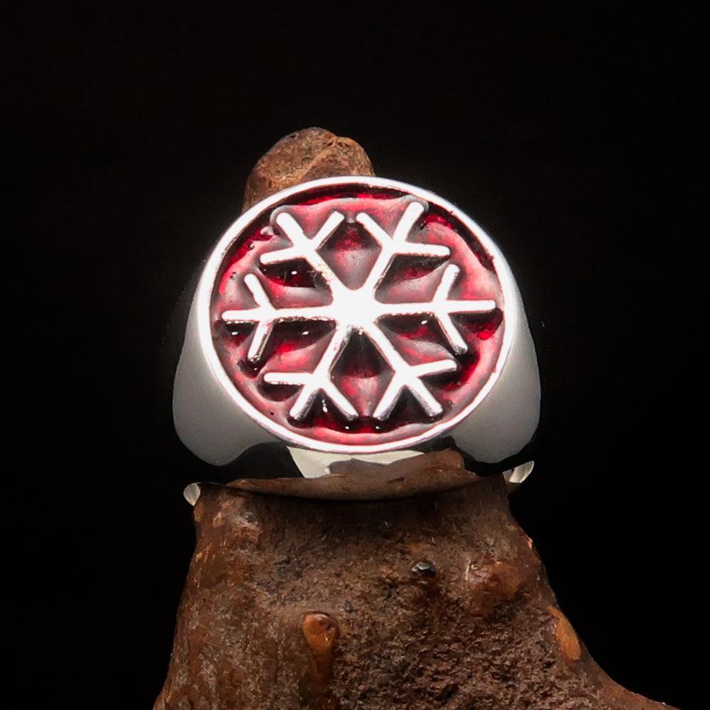 Men's Winter Ring in Sterling Silver featuring a red Snowflake design, high polished with enamel finish.