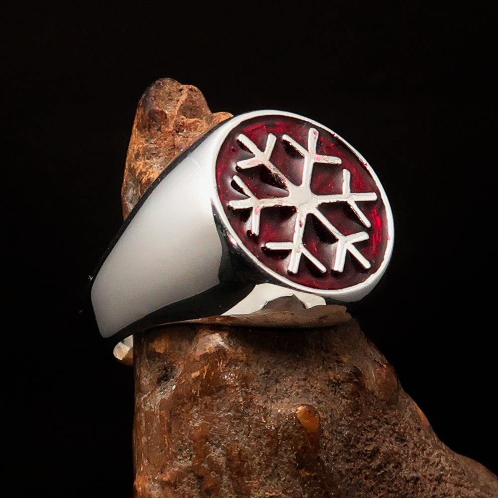 Men's Winter Ring in Sterling Silver featuring a red Snowflake design, high polished with enamel finish.