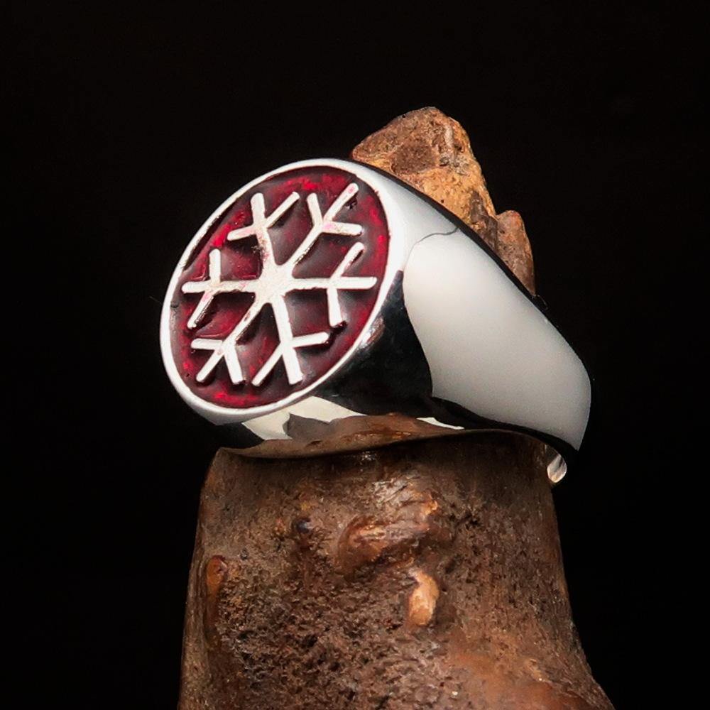 Men's Winter Ring in Sterling Silver featuring a red Snowflake design, high polished with enamel finish.