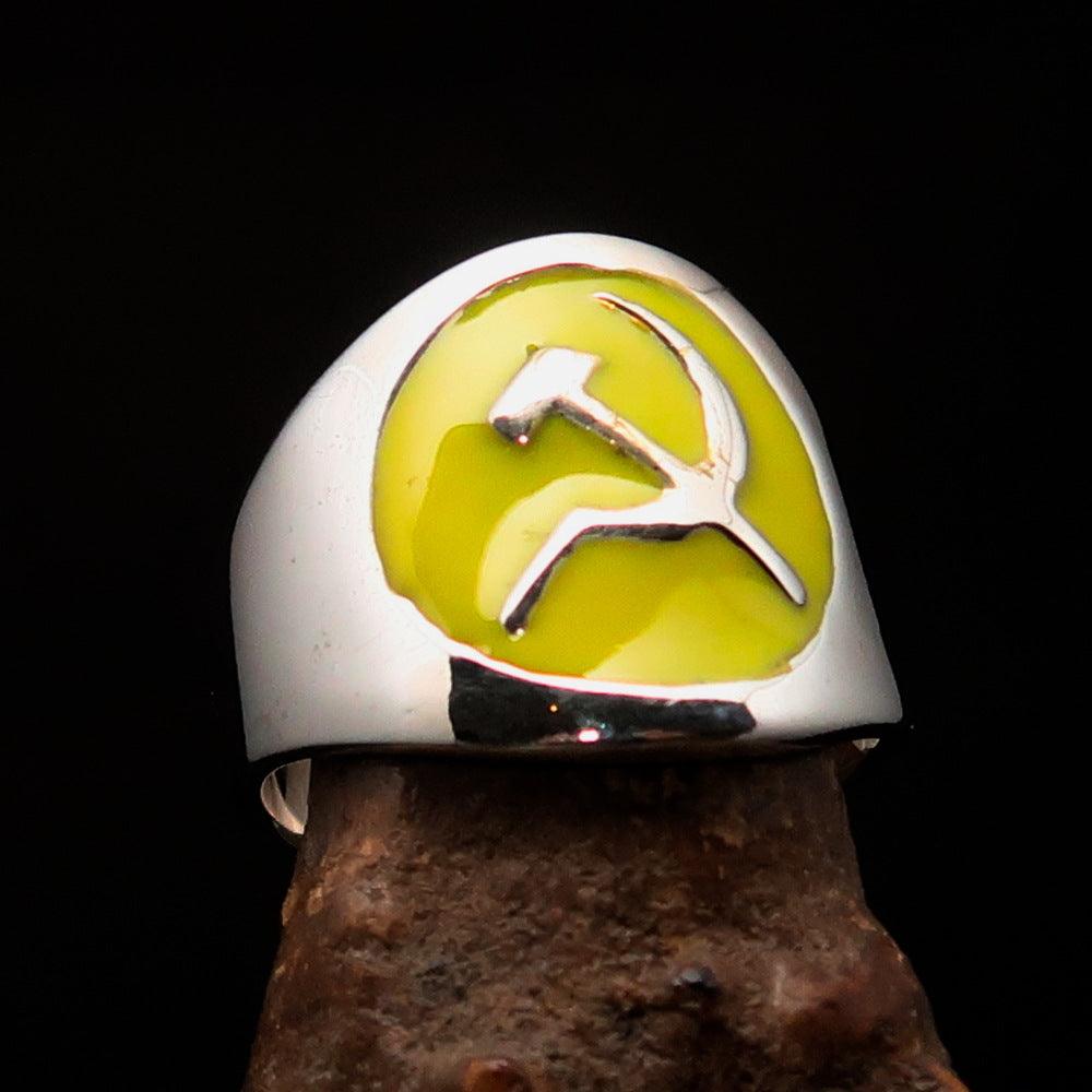 Men's yellow Hammer and Sickle Crest Ring made of high polished sterling silver with enamel detailing.