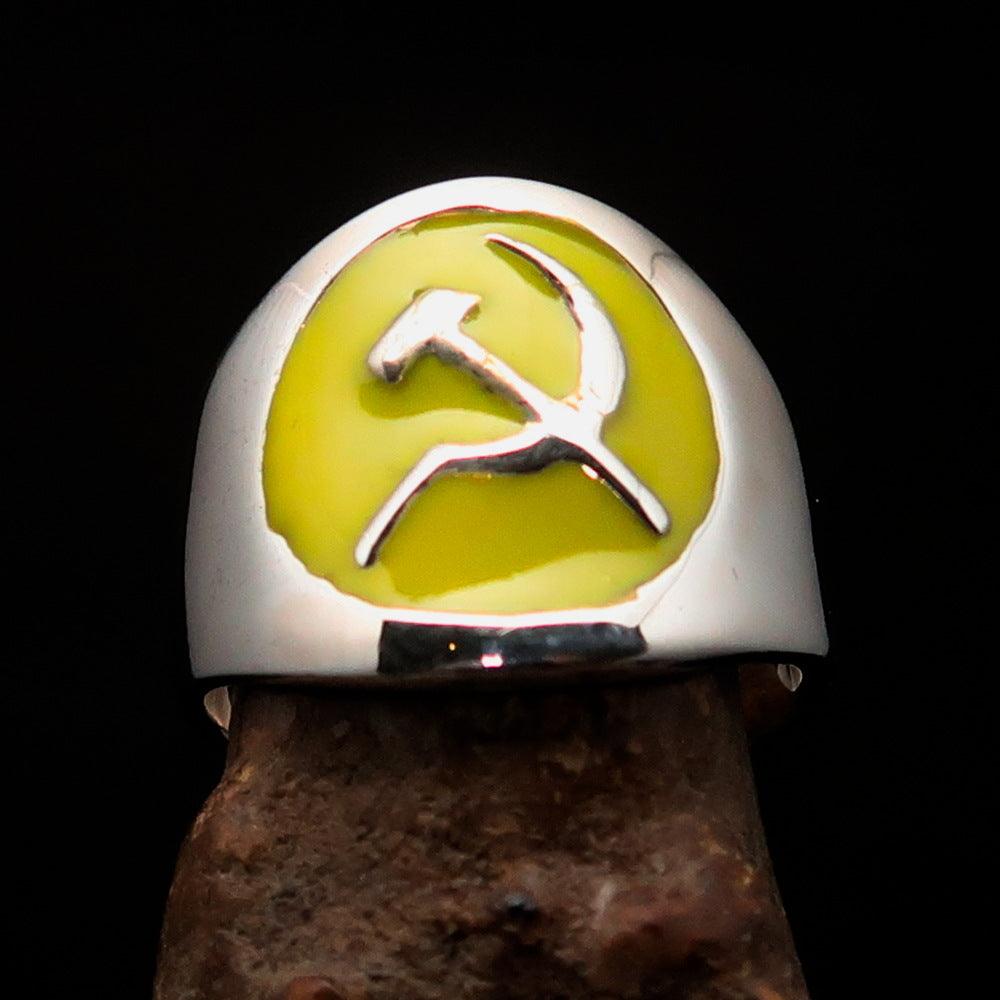 Men's yellow Hammer and Sickle Crest Ring made of high polished sterling silver with enamel detailing.