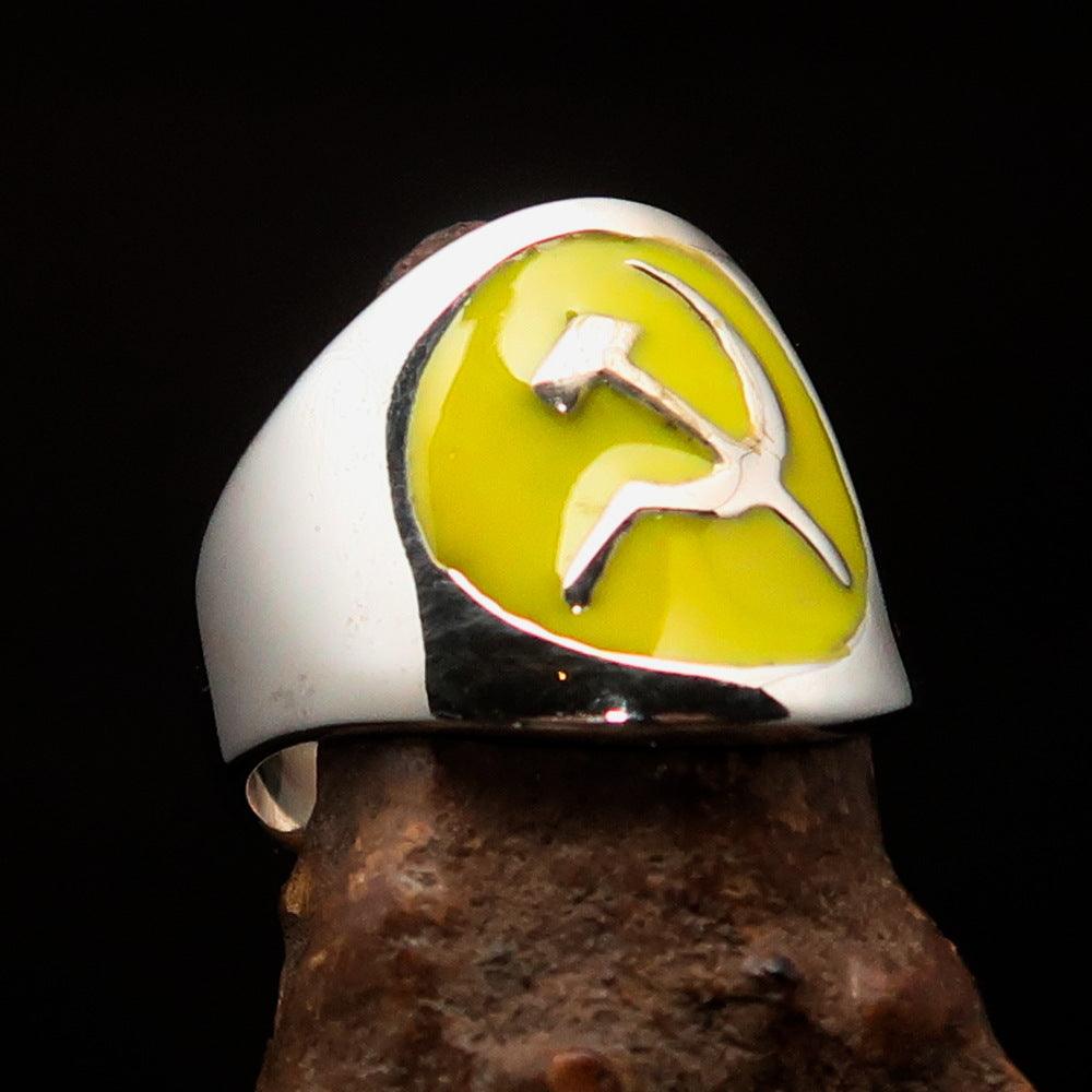 Men's yellow Hammer and Sickle Crest Ring made of high polished sterling silver with enamel detailing.