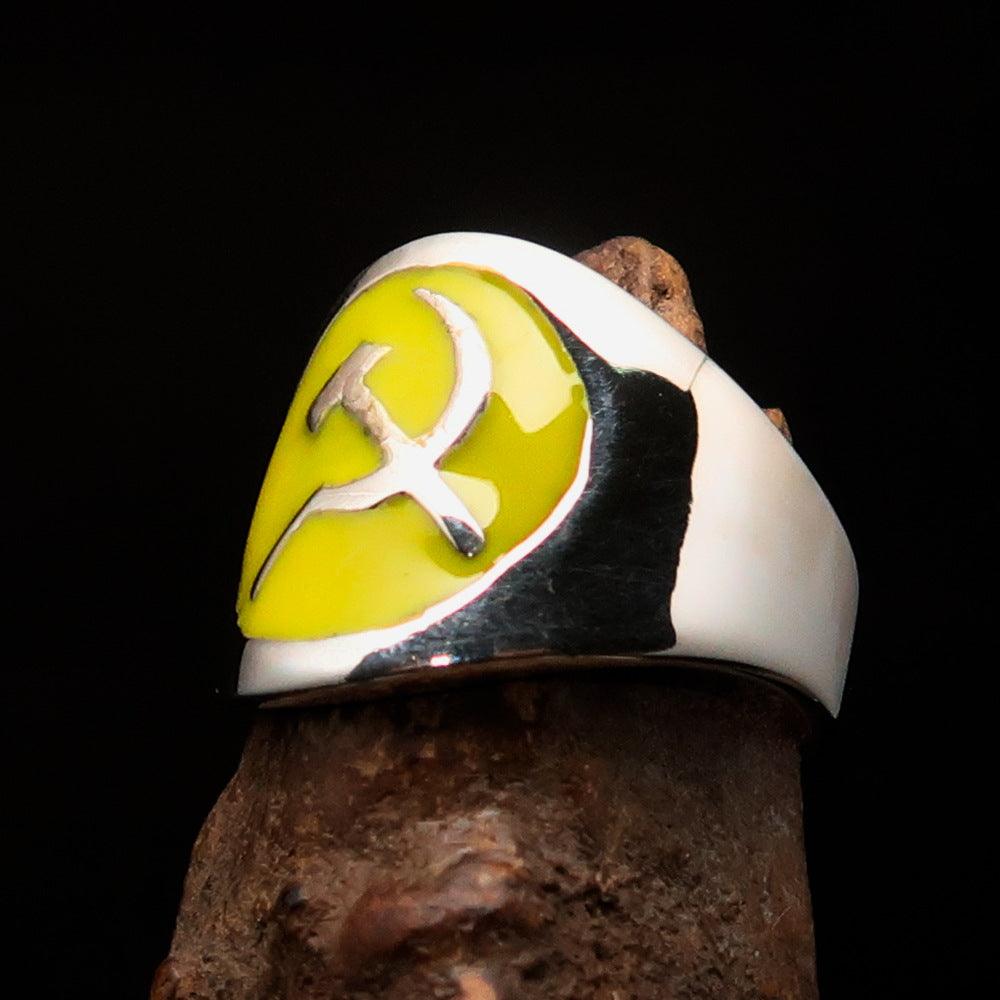 Men's yellow Hammer and Sickle Crest Ring made of high polished sterling silver with enamel detailing.