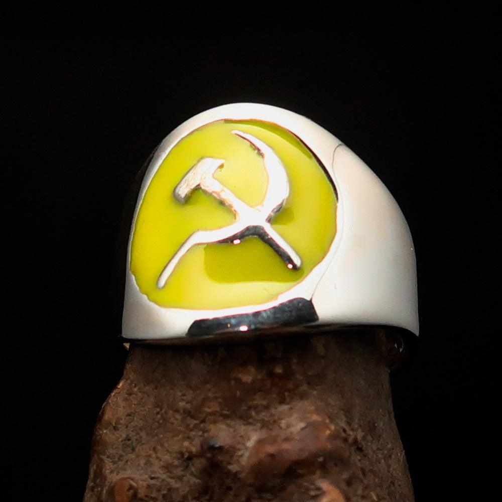 Men's yellow Hammer and Sickle Crest Ring made of high polished sterling silver with enamel detailing.