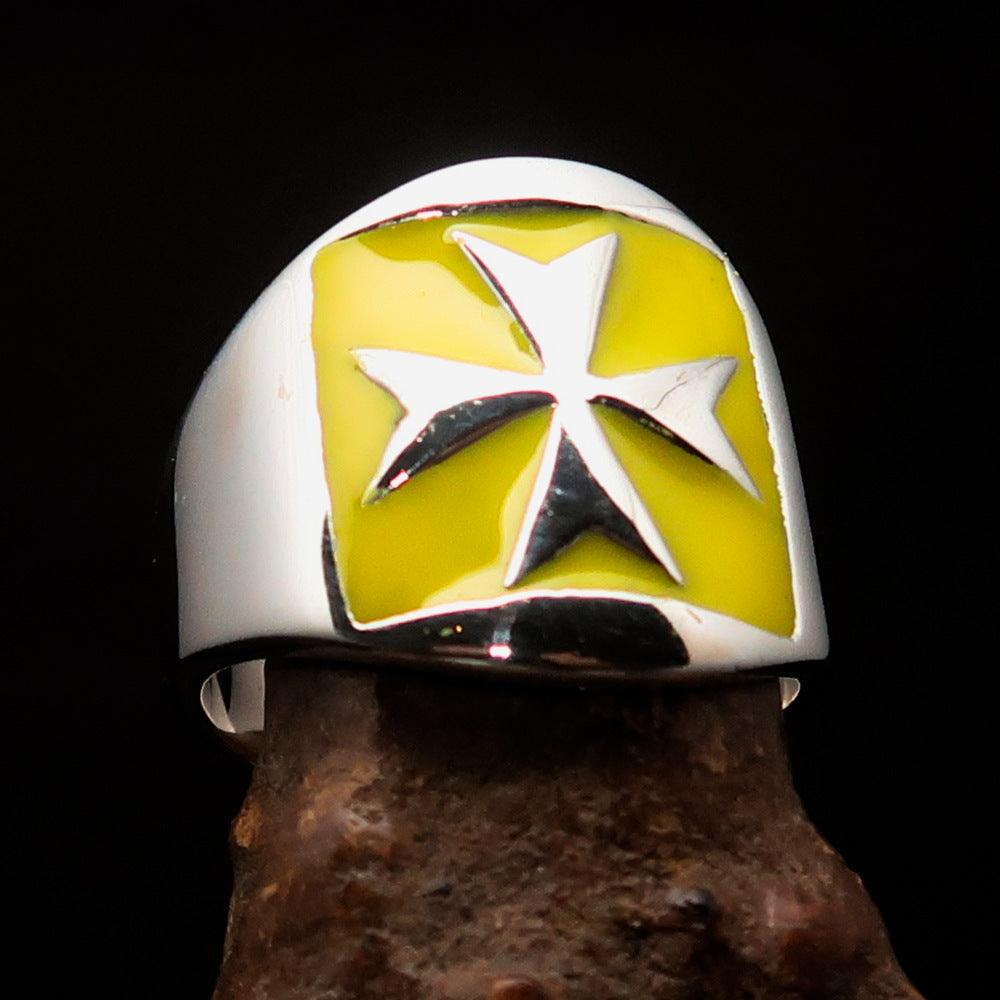 Men's yellow Maltese Cross Biker Ring made of solid sterling silver with high polish and enamel finish.