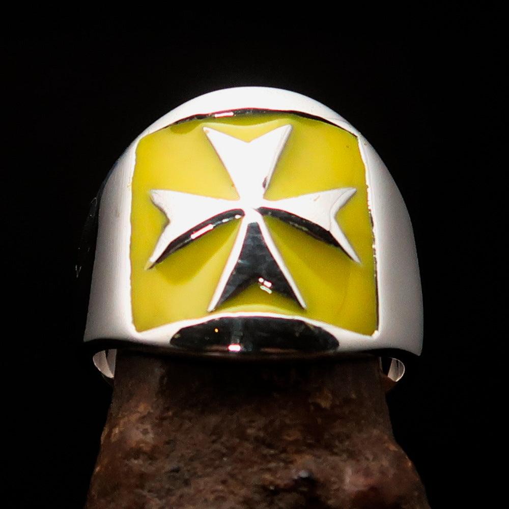 Men's yellow Maltese Cross Biker Ring made of solid sterling silver with high polish and enamel finish.