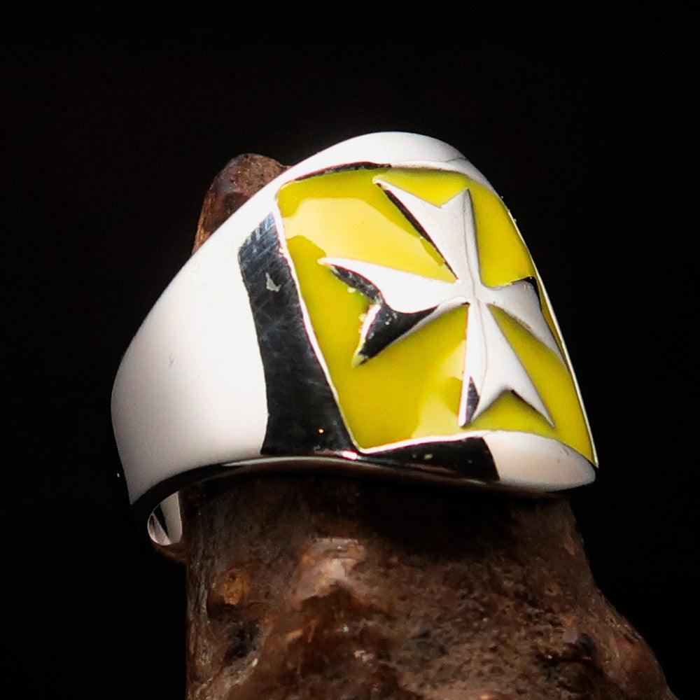 Men's yellow Maltese Cross Biker Ring made of solid sterling silver with high polish and enamel finish.