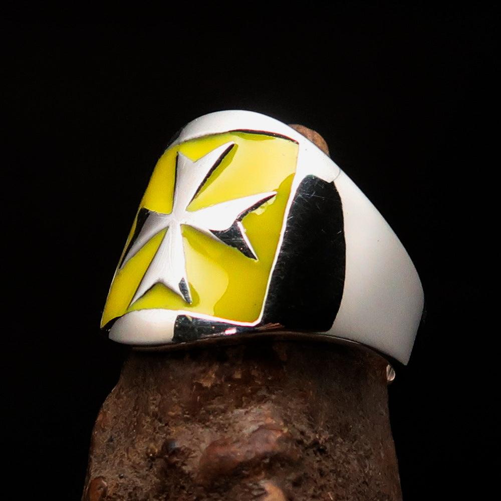 Men's yellow Maltese Cross Biker Ring made of solid sterling silver with high polish and enamel finish.