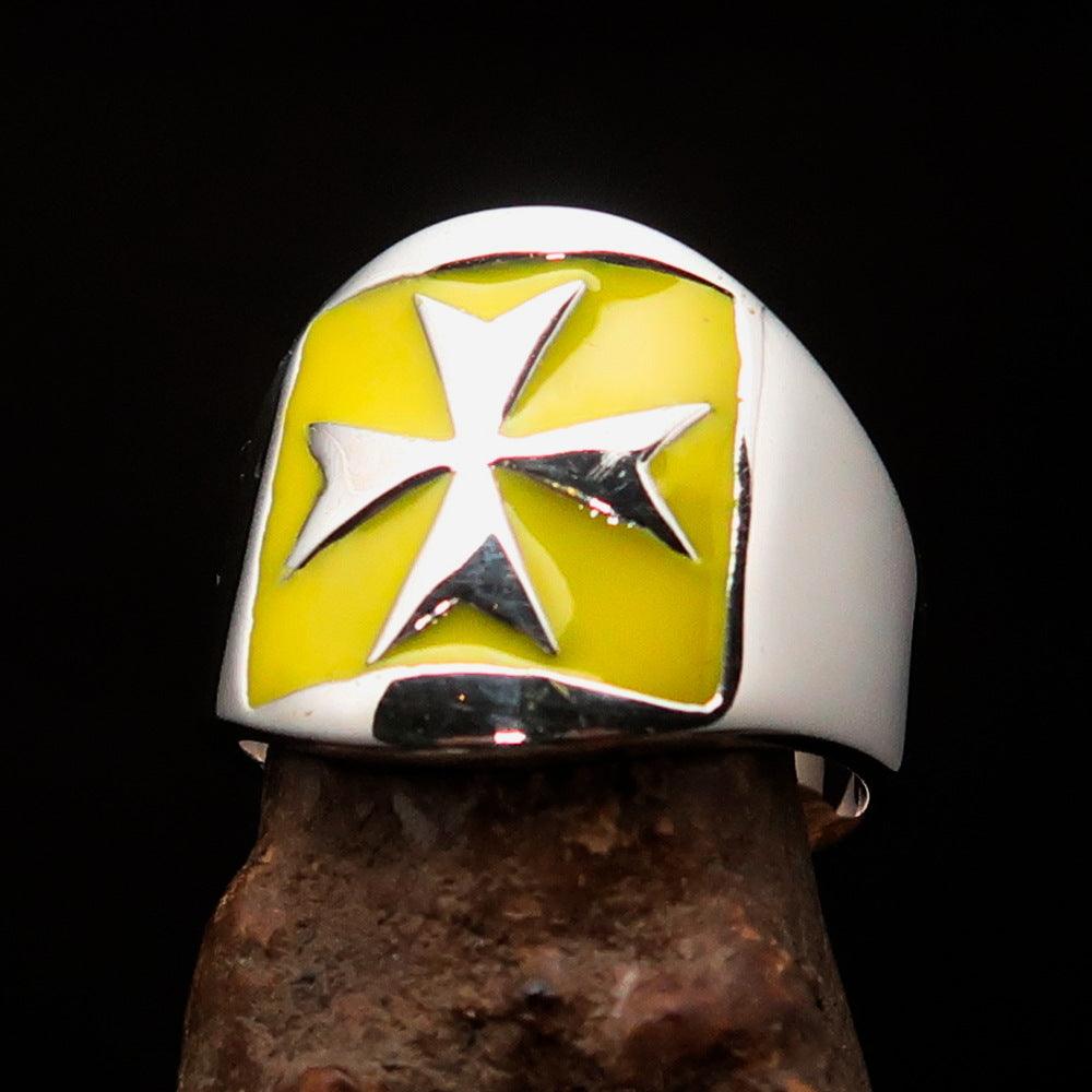 Men's yellow Maltese Cross Biker Ring made of solid sterling silver with high polish and enamel finish.