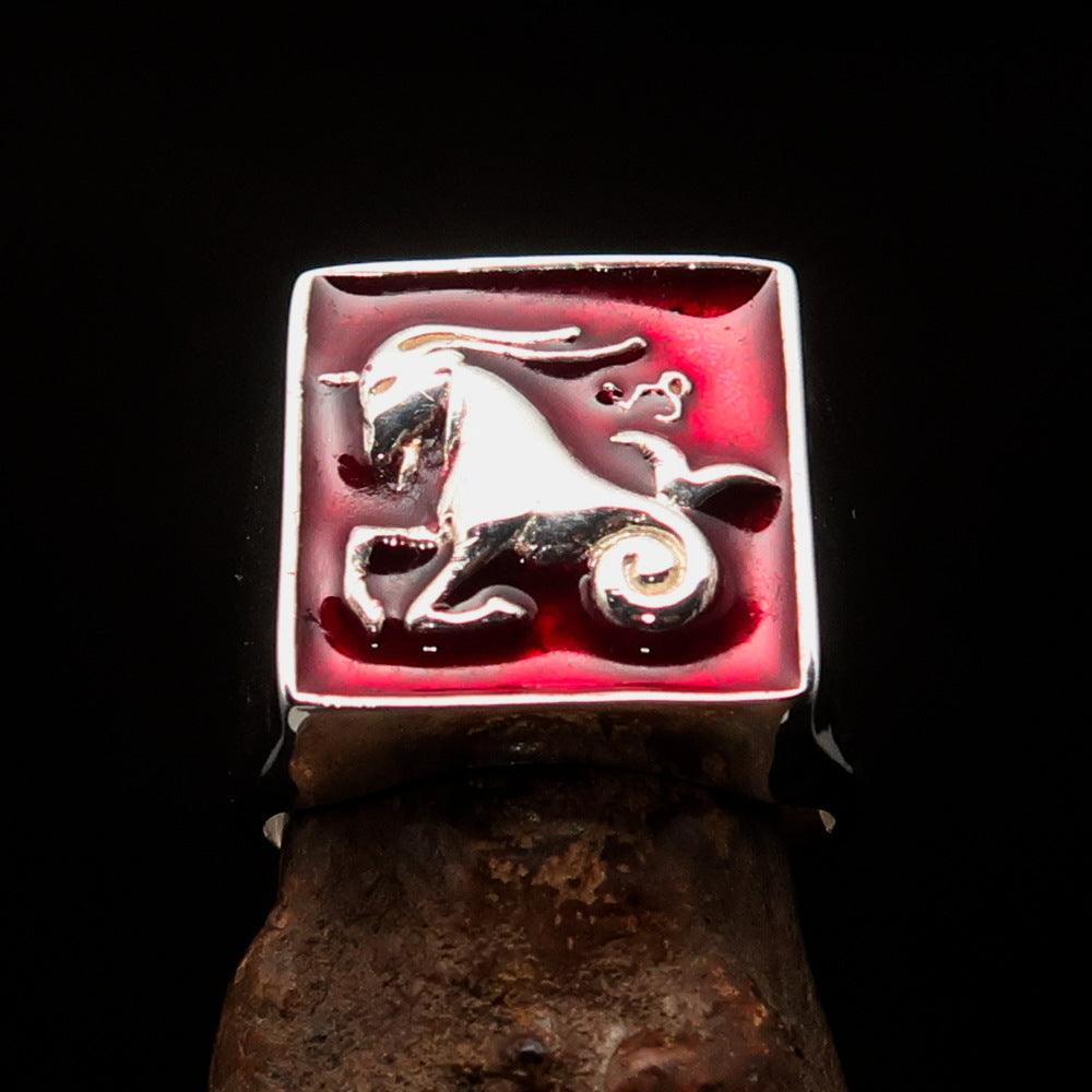 Men's Zodiac Ring in sterling silver featuring a red enamel Capricorn star sign, polished finish, and available in multiple sizes.