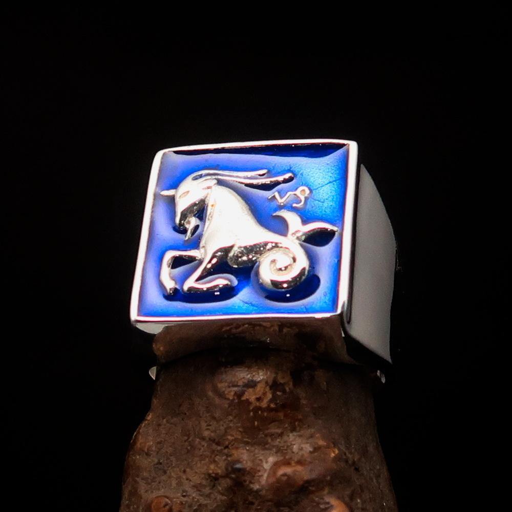 Men's Zodiac Ring featuring Capricorn star sign in solid sterling silver with blue enamel finish, hallmarked 925.