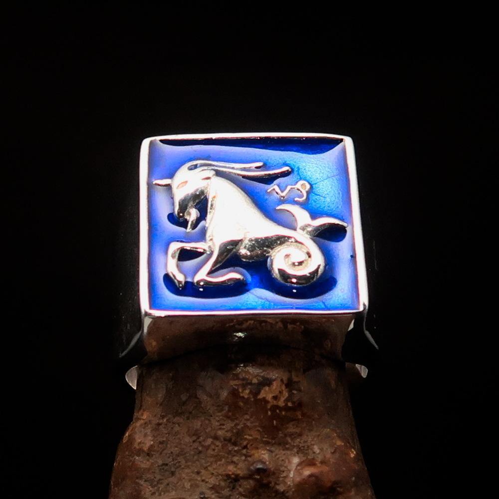 Men's Zodiac Ring featuring Capricorn star sign in solid sterling silver with blue enamel finish, hallmarked 925.