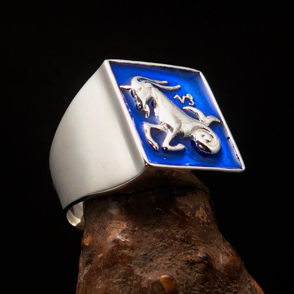 Men's Zodiac Ring featuring Capricorn star sign in solid sterling silver with blue enamel finish, hallmarked 925.