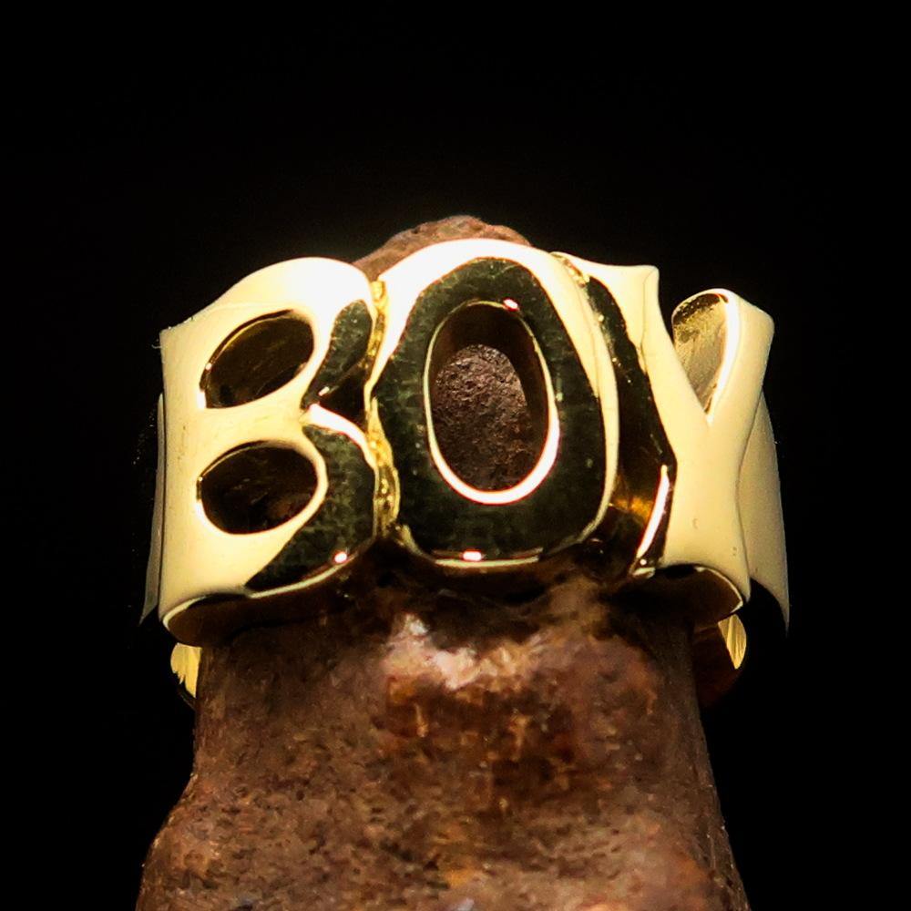 A beautifully crafted One Word Boy Ring made of solid brass, featuring a high polish finish and a width of 12 mm.