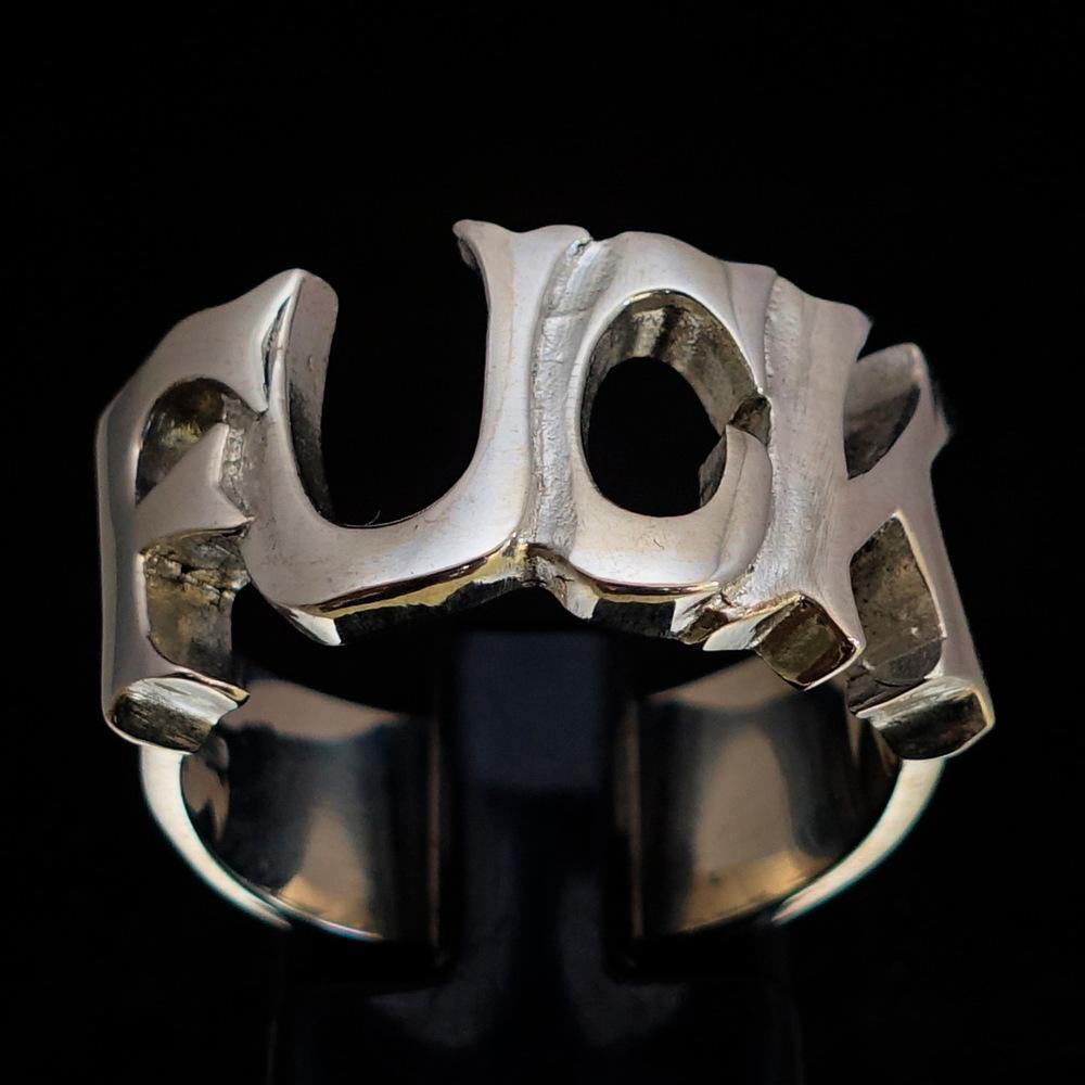 A high polished sterling silver One Word F*ck Ring, showcasing its bold design and hallmarked 925 authenticity.