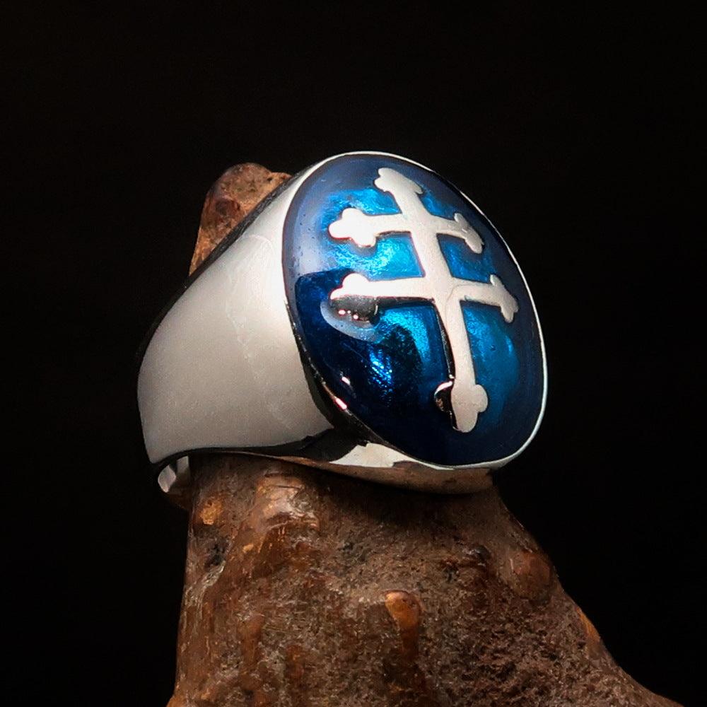 Men's Blue Cross Lorraine Ring made of solid sterling silver with high-polished finish and blue enamel, showcasing its elegant oval domed design.