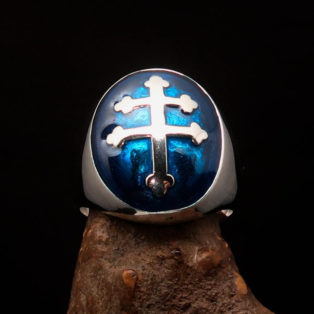 Men's Blue Cross Lorraine Ring made of solid sterling silver with high-polished finish and blue enamel, showcasing its elegant oval domed design.