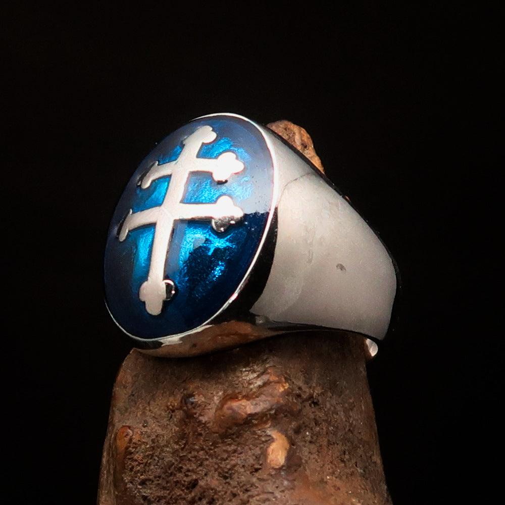 Men's Blue Cross Lorraine Ring made of solid sterling silver with high-polished finish and blue enamel, showcasing its elegant oval domed design.