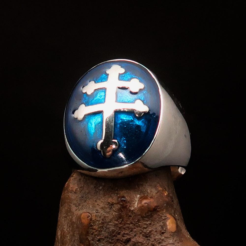 Men's Blue Cross Lorraine Ring made of solid sterling silver with high-polished finish and blue enamel, showcasing its elegant oval domed design.