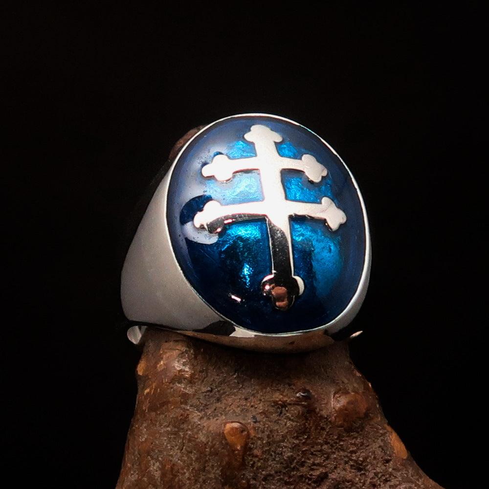 Men's Blue Cross Lorraine Ring made of solid sterling silver with high-polished finish and blue enamel, showcasing its elegant oval domed design.