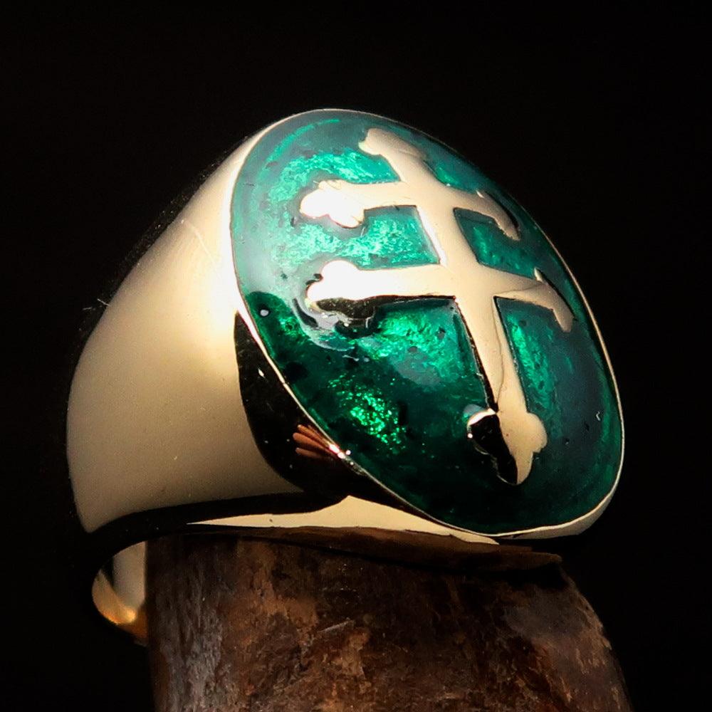 Men's green Cross Lorraine Ring made of solid brass with high polish finish and enamel, featuring an oval domed design.