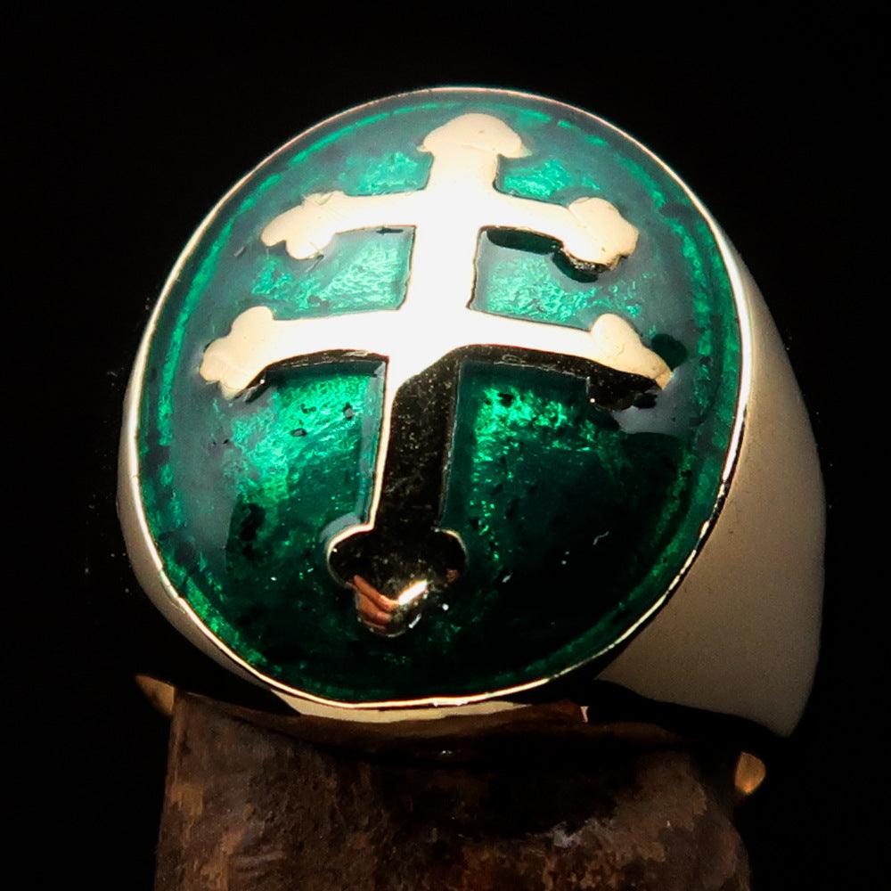 Men's green Cross Lorraine Ring made of solid brass with high polish finish and enamel, featuring an oval domed design.