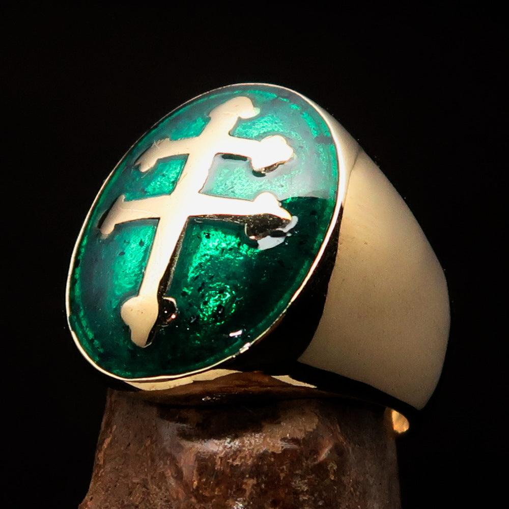 Men's green Cross Lorraine Ring made of solid brass with high polish finish and enamel, featuring an oval domed design.