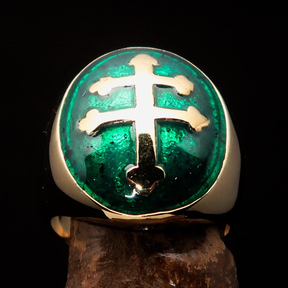 Men's green Cross Lorraine Ring made of solid brass with high polish finish and enamel, featuring an oval domed design.