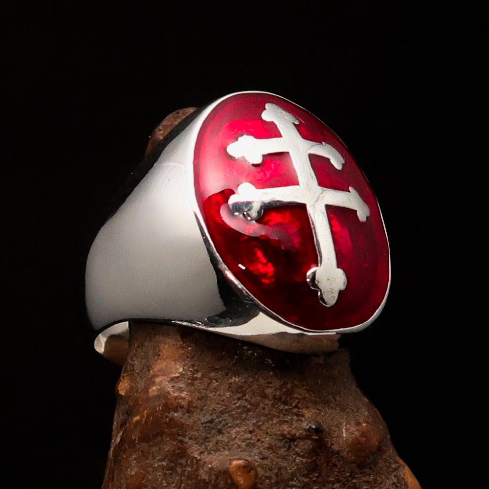 Men's Red Cross Lorraine Ring made of solid sterling silver with a high polished finish and red enamel design, showcasing its elegant craftsmanship.