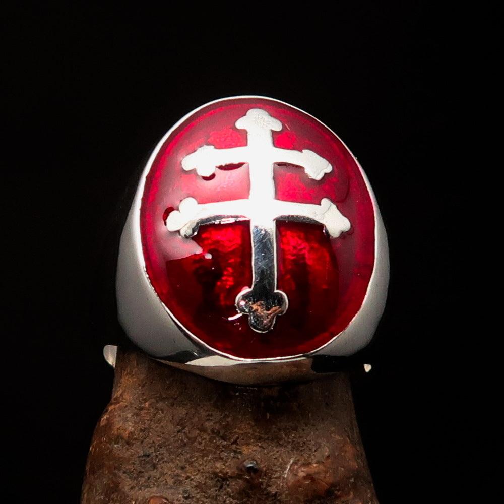 Men's Red Cross Lorraine Ring made of solid sterling silver with a high polished finish and red enamel design, showcasing its elegant craftsmanship.