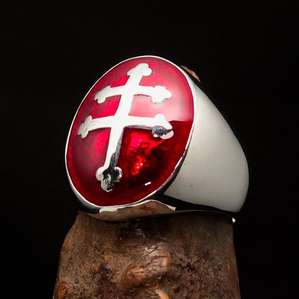 Men's Red Cross Lorraine Ring made of solid sterling silver with a high polished finish and red enamel design, showcasing its elegant craftsmanship.